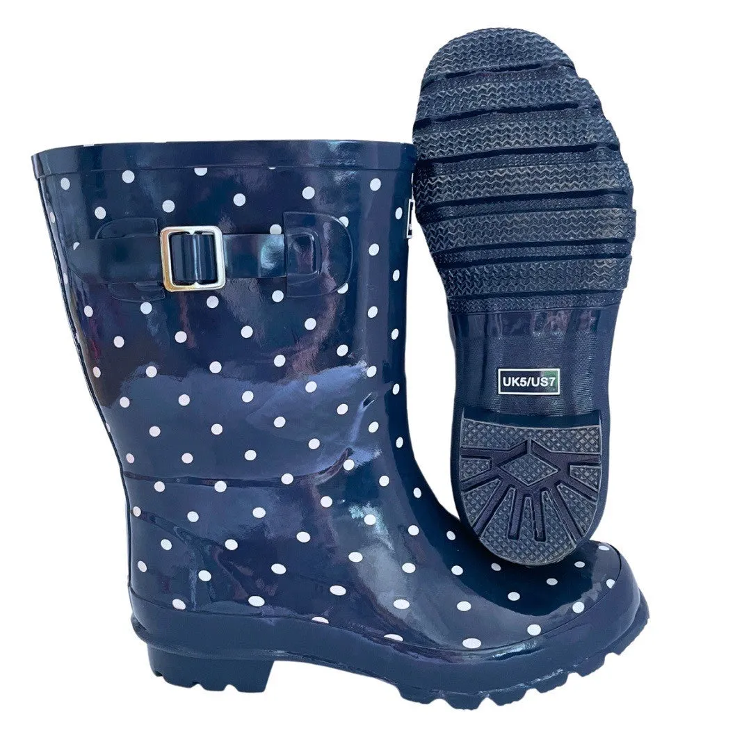 Half Height Navy Spot Rain Boots - Wide Foot and Ankle