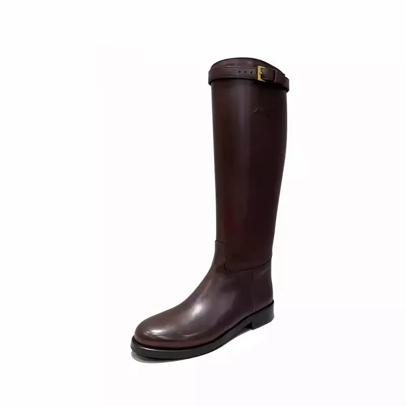 Hand Stitching Cow Leather Riding Boots Round Toe Knee High Boots For Women In Black/Coffee