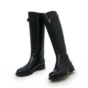 Hand Stitching Cow Leather Riding Boots Round Toe Knee High Boots For Women In Black/Coffee