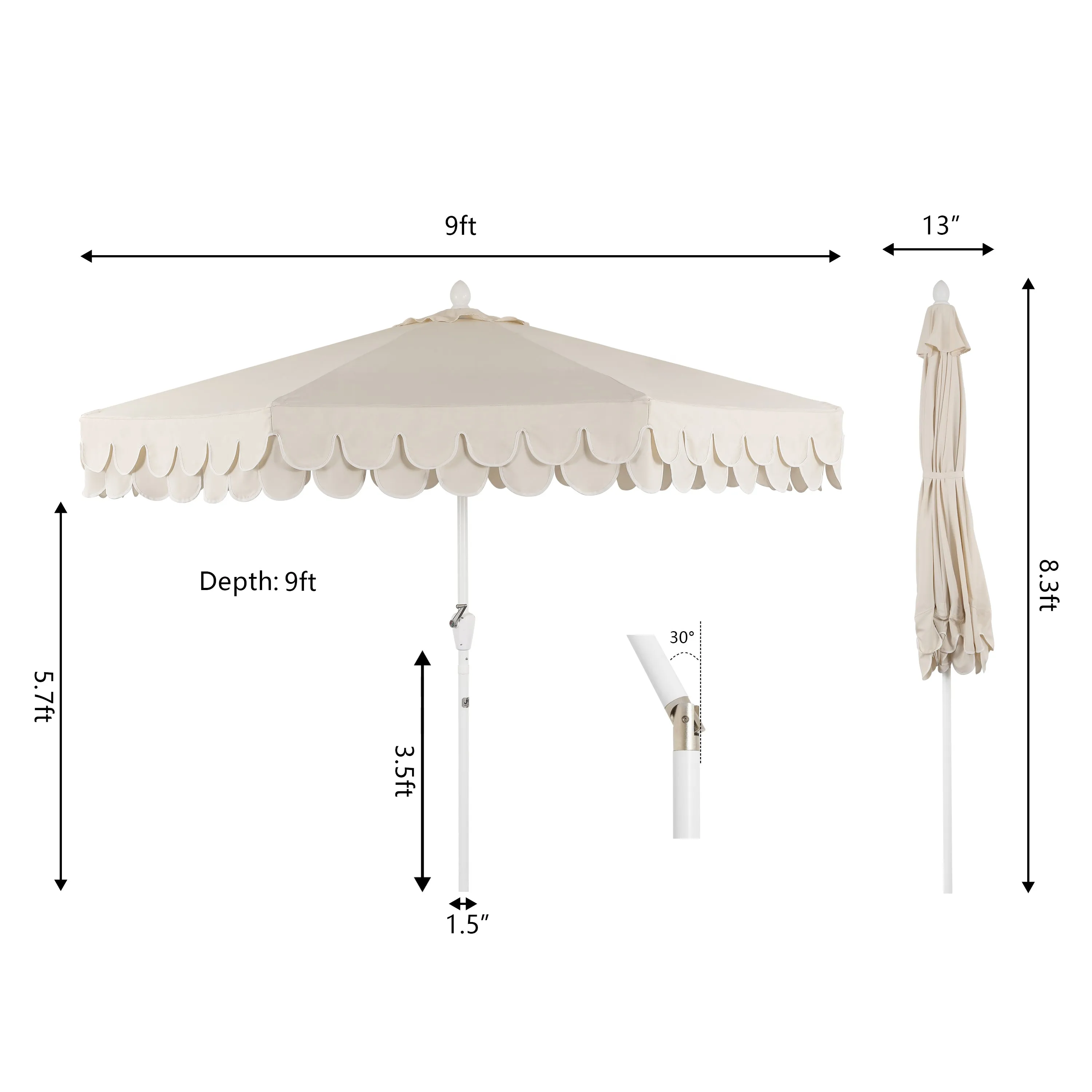 Hooli 9 ft. Classic MidCentury Scalloped Fringe Market Patio Umbrella