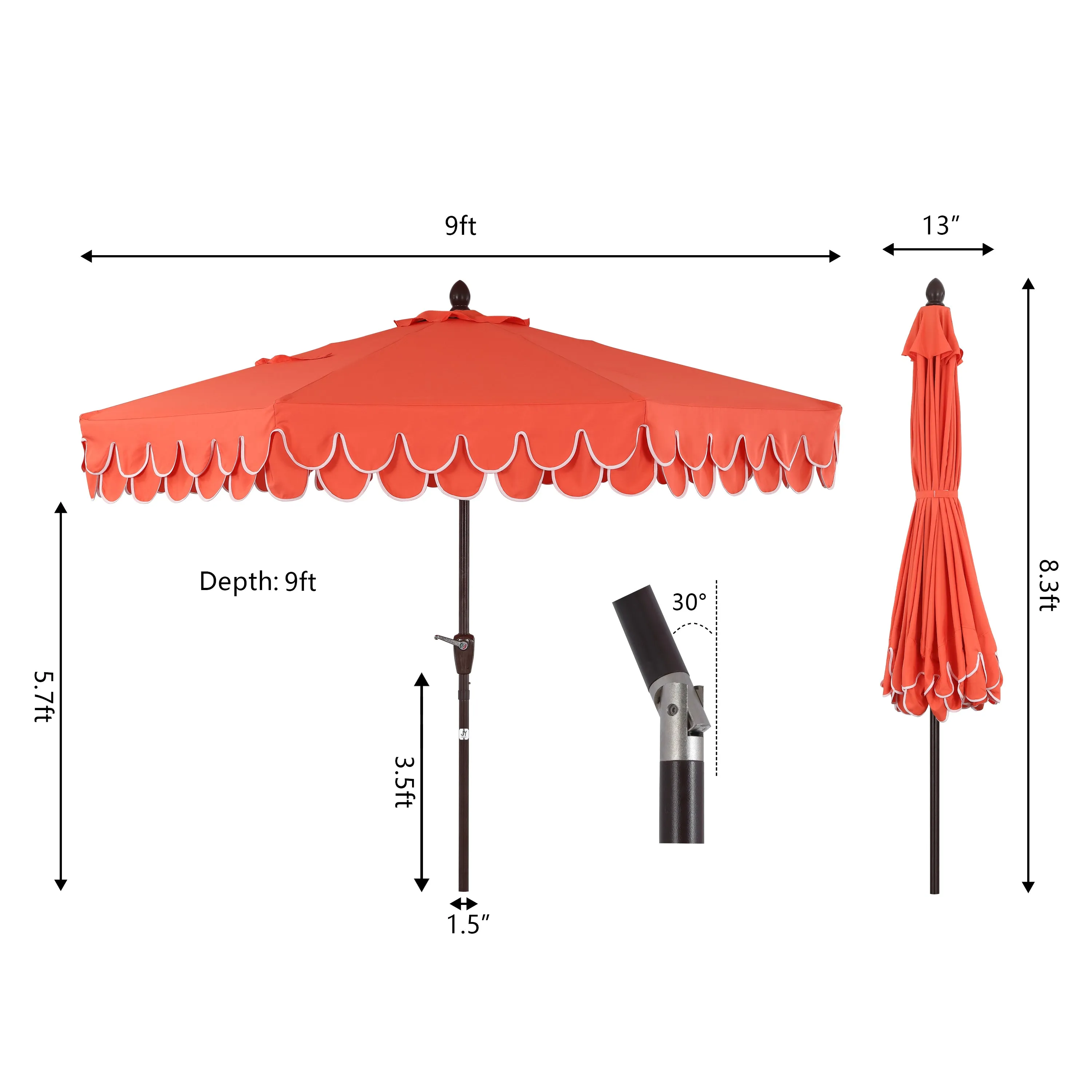 Hooli 9 ft. Classic MidCentury Scalloped Fringe Market Patio Umbrella