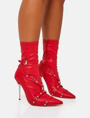 Joyride Red Pu Strappy Buckle Harness Detail Pointed Toe Stilleto Sock Ankle Boots