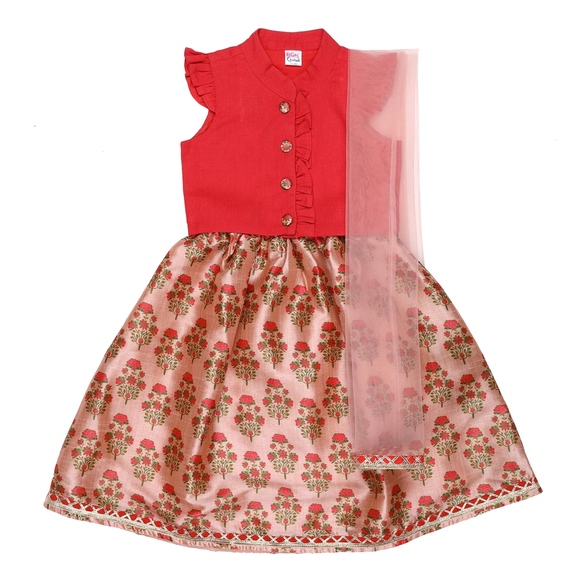 Kicks & Crawl Rosy Red Lehenga, Blouse & Dupatta Set