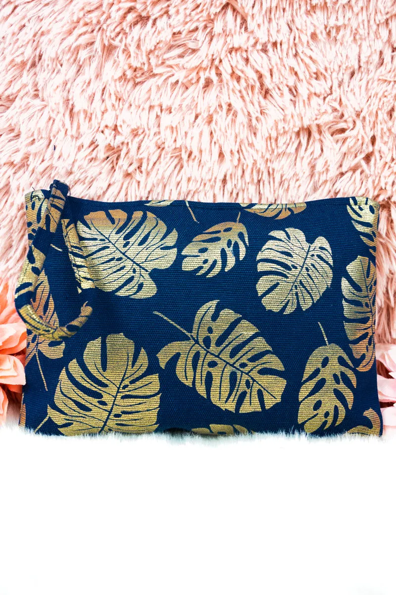 Large Metallic Gold Monstera Palm Frond Wristlet Pouch Travel Tote