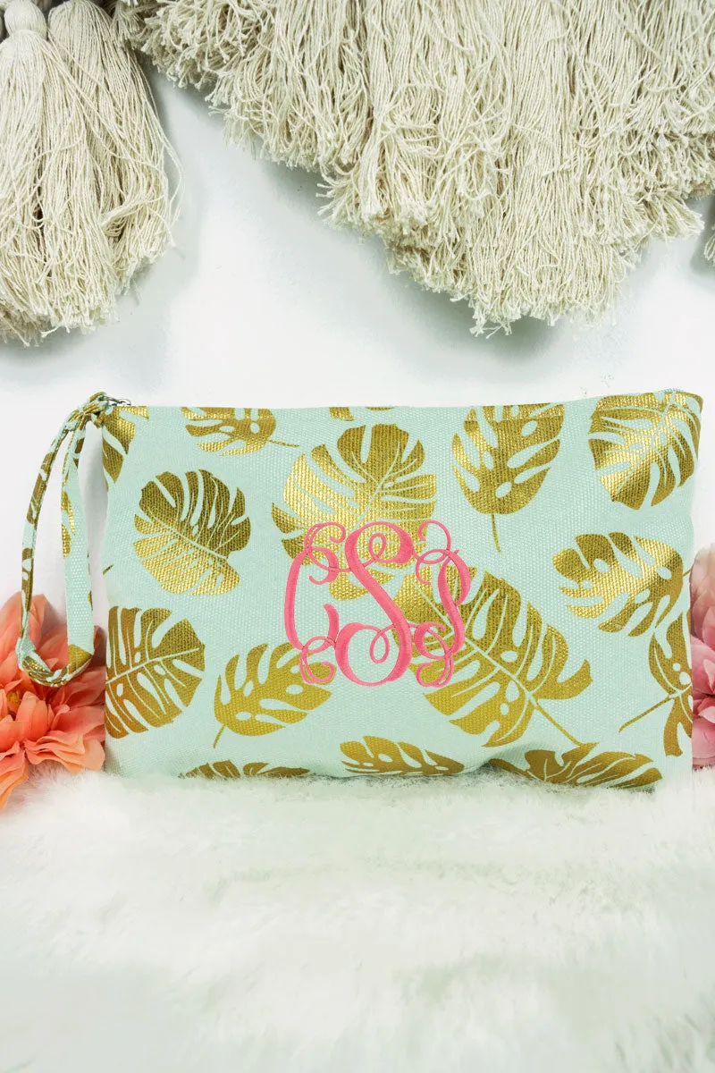 Large Metallic Gold Monstera Palm Frond Wristlet Pouch Travel Tote