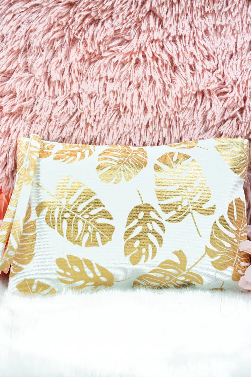 Large Metallic Gold Monstera Palm Frond Wristlet Pouch Travel Tote