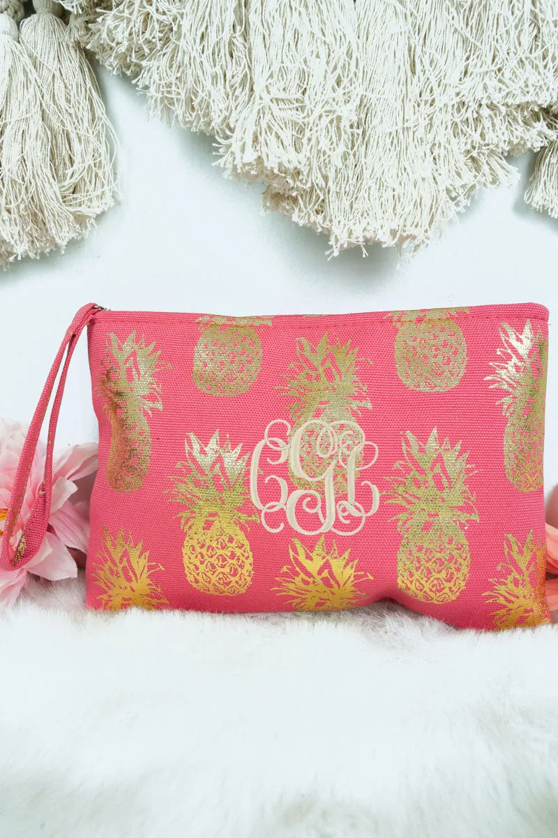 Large Metallic Gold Pineapple Wristlet Pouch Travel Tote