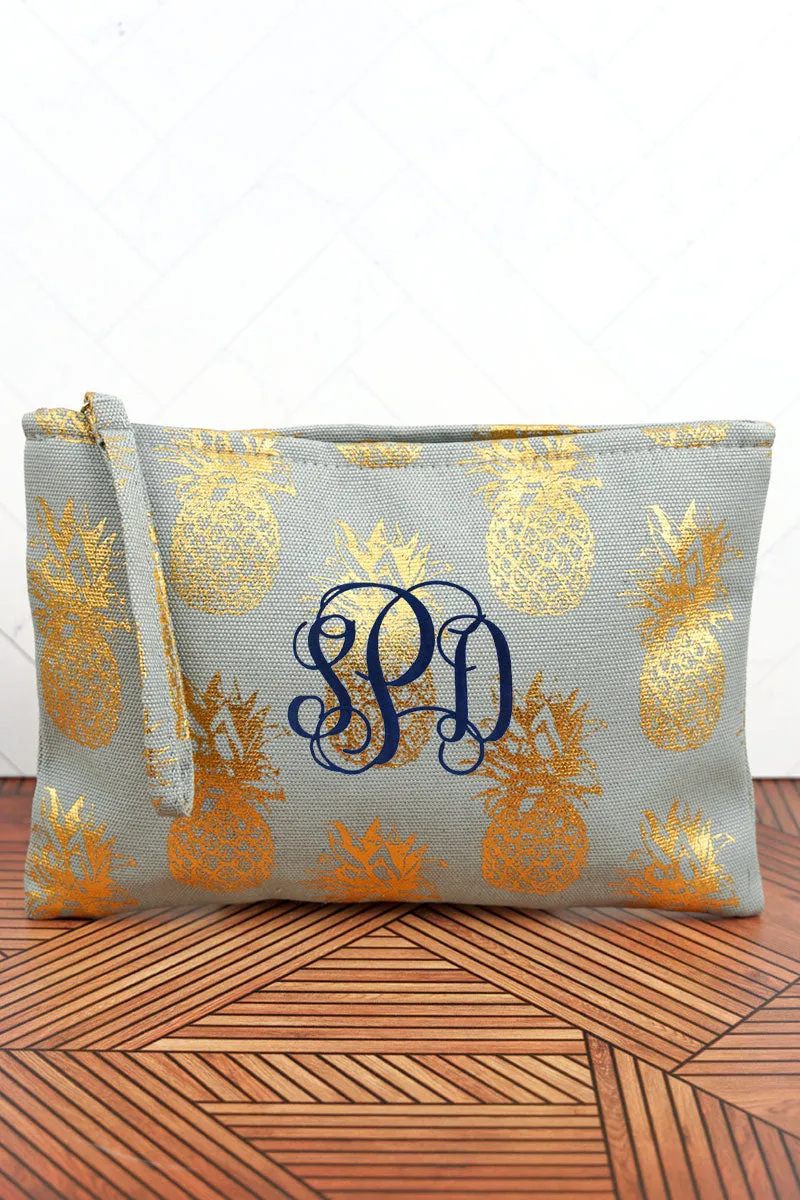 Large Metallic Gold Pineapple Wristlet Pouch Travel Tote