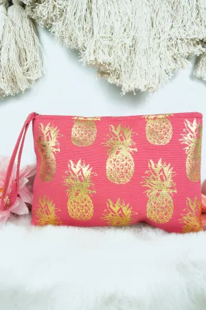 Large Metallic Gold Pineapple Wristlet Pouch Travel Tote