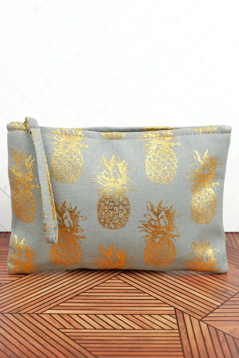 Large Metallic Gold Pineapple Wristlet Pouch Travel Tote