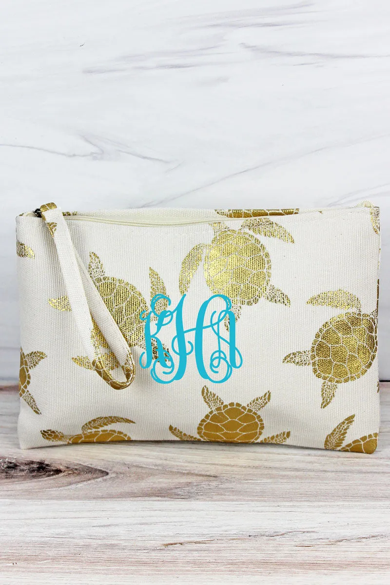 Large Metallic Gold Sea Turtle Wristlet Pouch Travel Tote