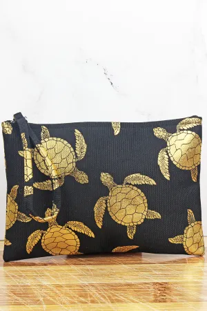 Large Metallic Gold Sea Turtle Wristlet Pouch Travel Tote