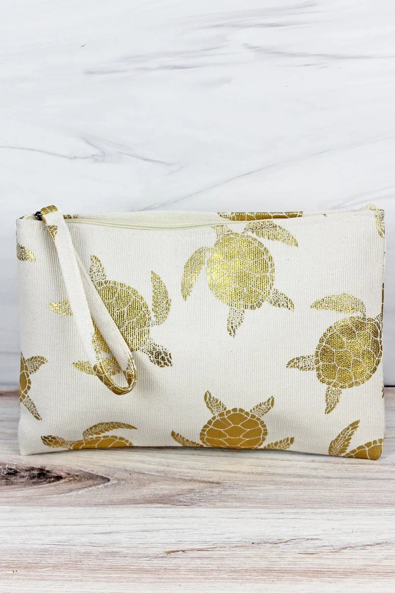 Large Metallic Gold Sea Turtle Wristlet Pouch Travel Tote