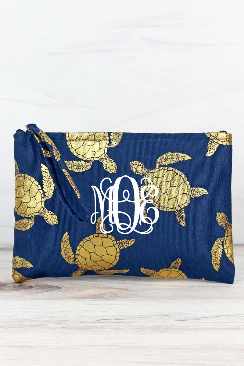 Large Metallic Gold Sea Turtle Wristlet Pouch Travel Tote