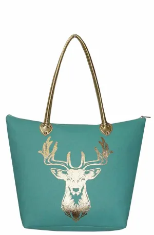 Large Metallic Stag Deer Gold Shoulder Travel Tote