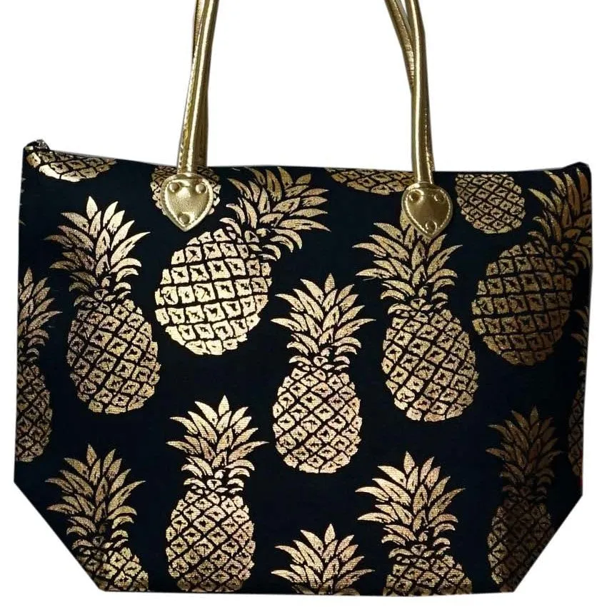 Large Navy Metallic Gold Pineapple Tote