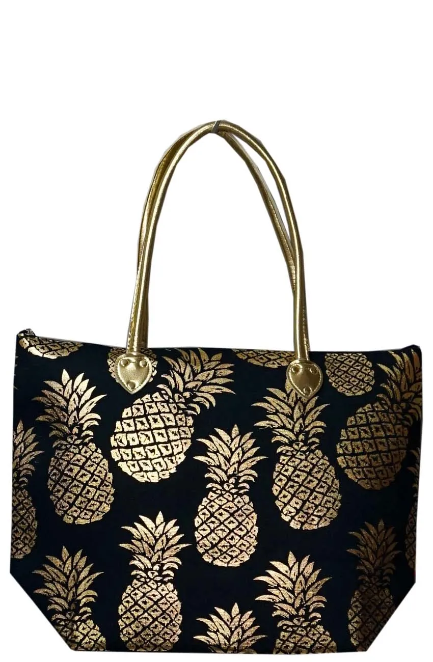 Large Navy Metallic Gold Pineapple Tote