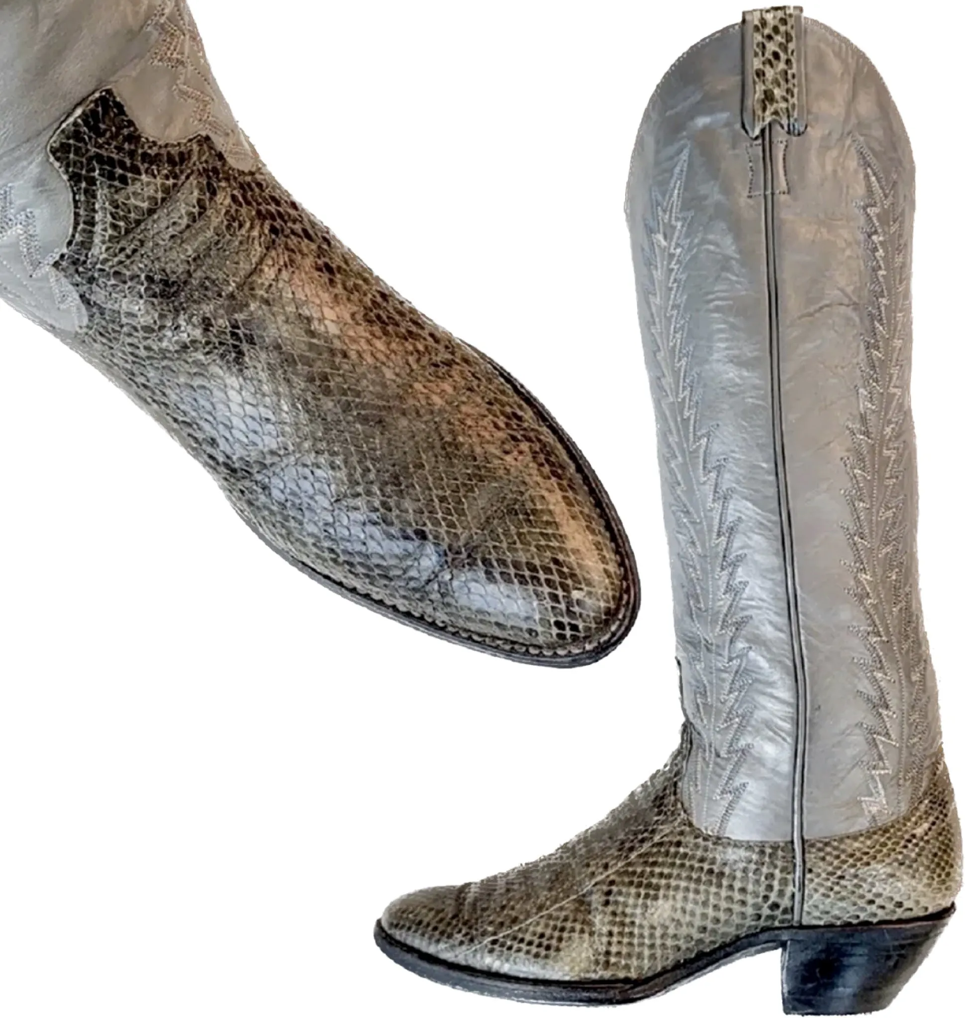 LARRY MAHAN Vintage Snakeskin Gray Leather Tall Knee High Cowboy Western Boots