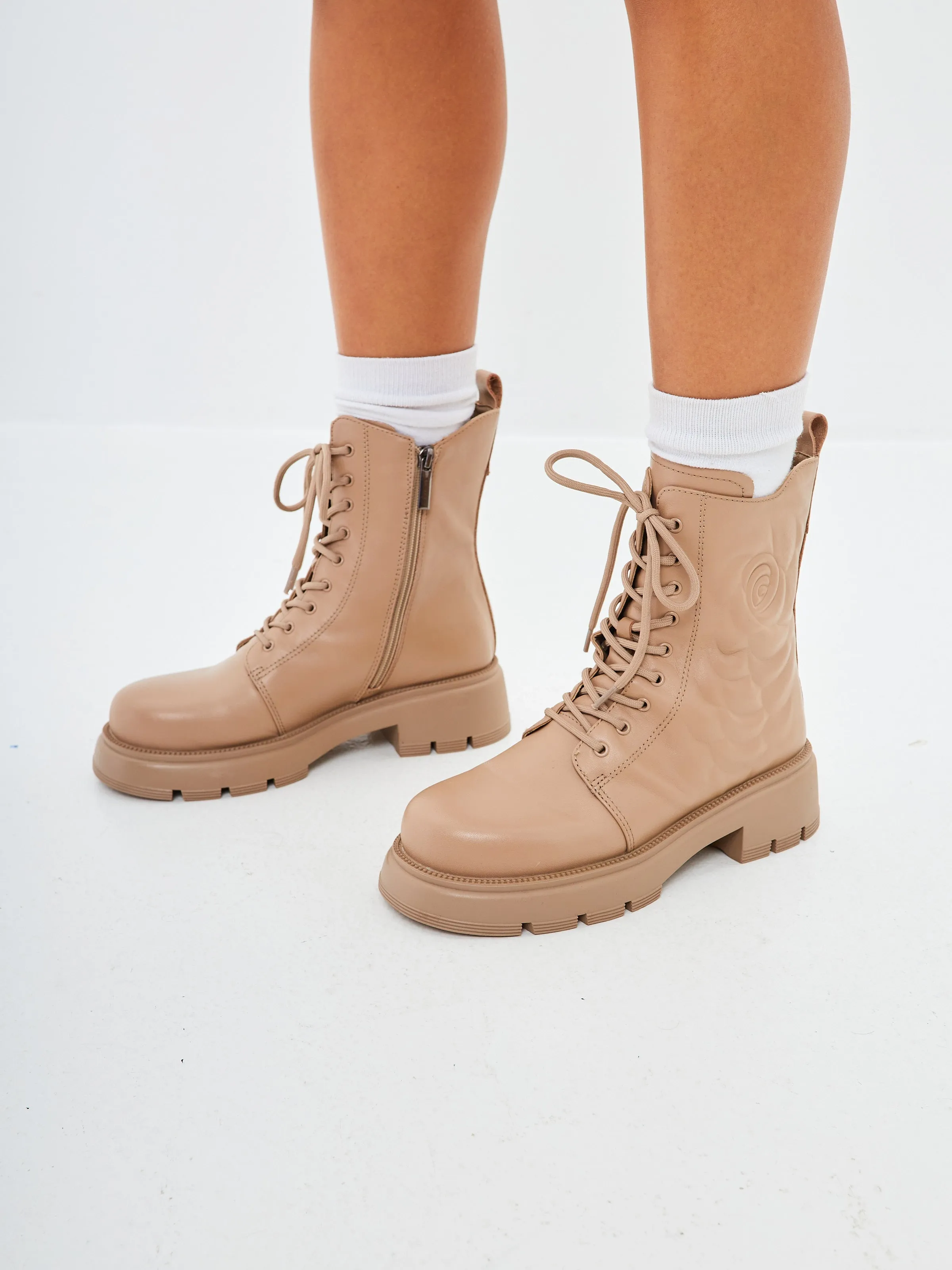 Leather Platform Ankle Boots - Beige