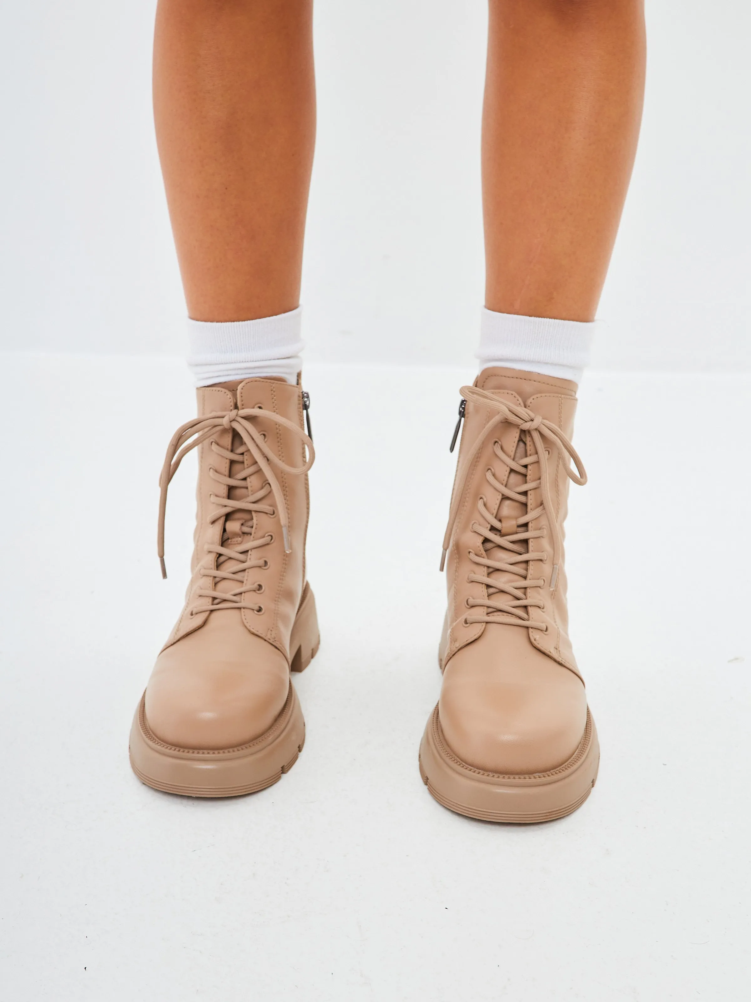 Leather Platform Ankle Boots - Beige