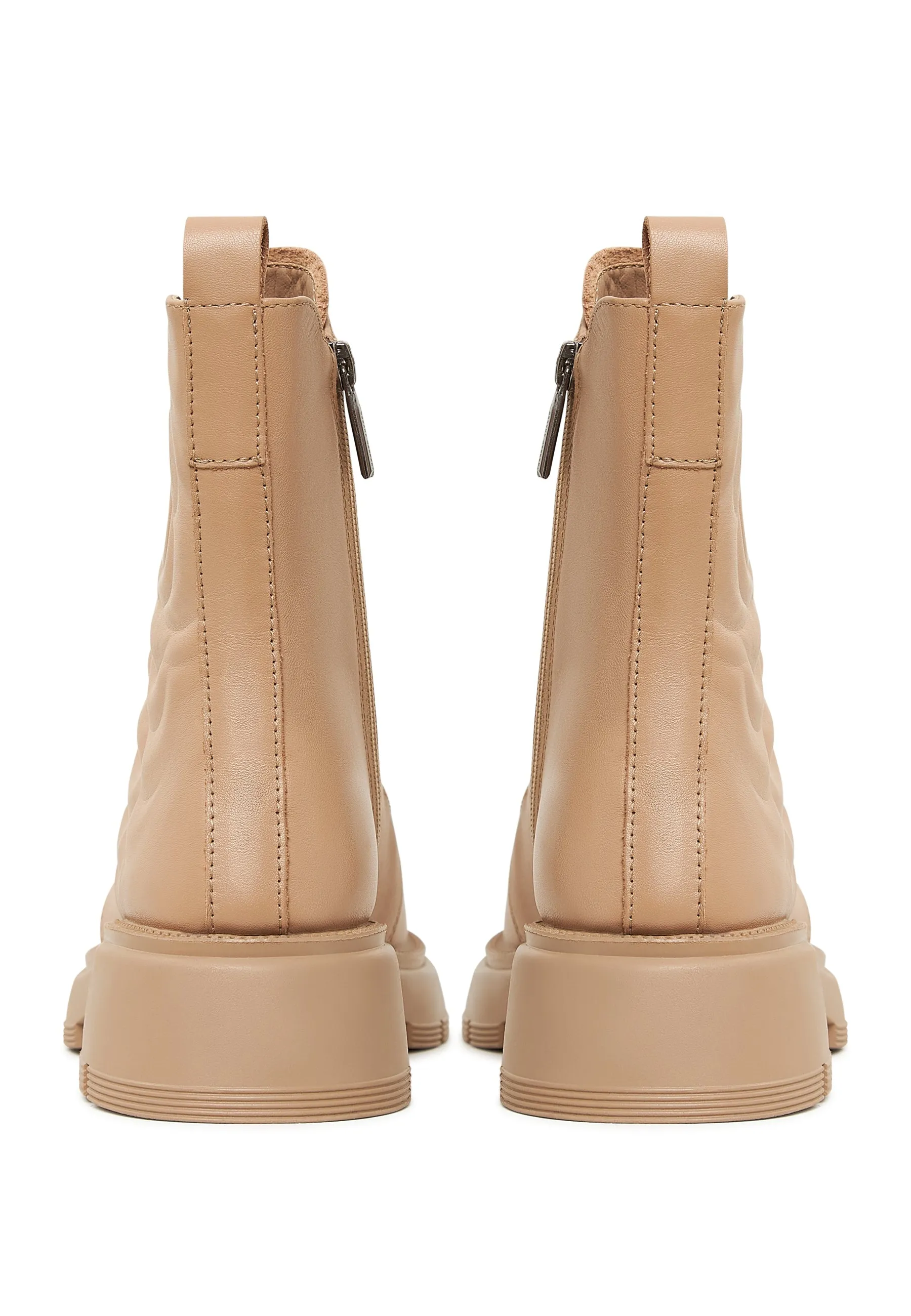 Leather Platform Ankle Boots - Beige