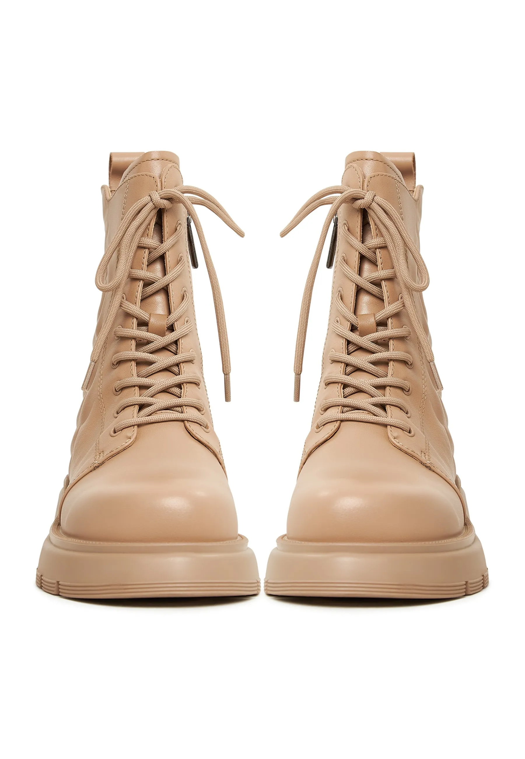 Leather Platform Ankle Boots - Beige