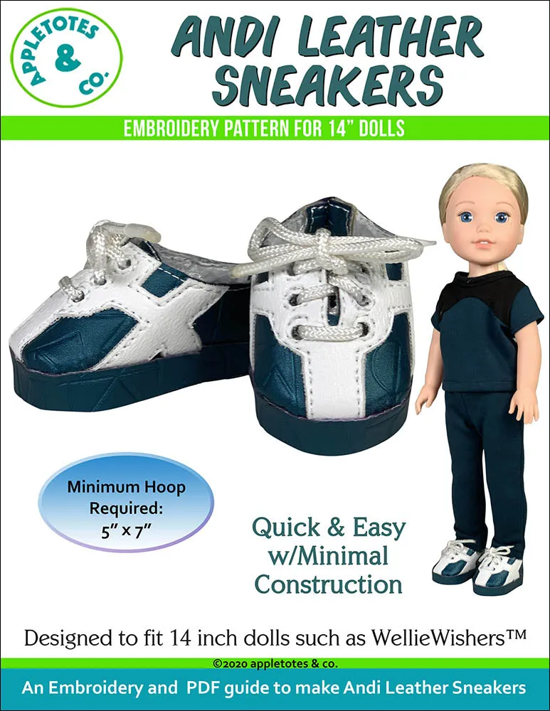 Leather Sneaker Collection (5 Pieces) ITH Embroidery Patterns for 14 Inch Dolls