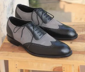 Men's Handmade Black Gray Suede Leather formal shoes, Men's Wing tip Lace Up Shoes