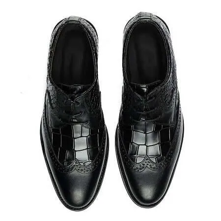 Men's Pure Black Alligator&Plain Leather Lace Up Shoes, Wing Tip Style Shoes