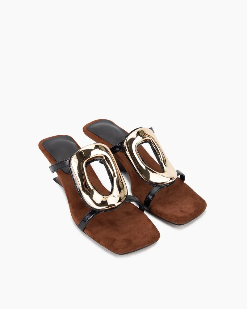 Metal Square Buckle Open Toe Heeled Sandals