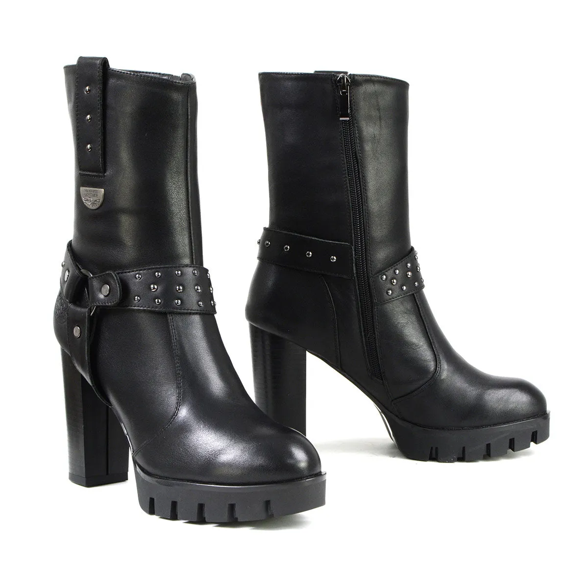 Milwaukee Leather MBL9303 Women's Classic Black Leather Casual Fashion Boots with Block Heel