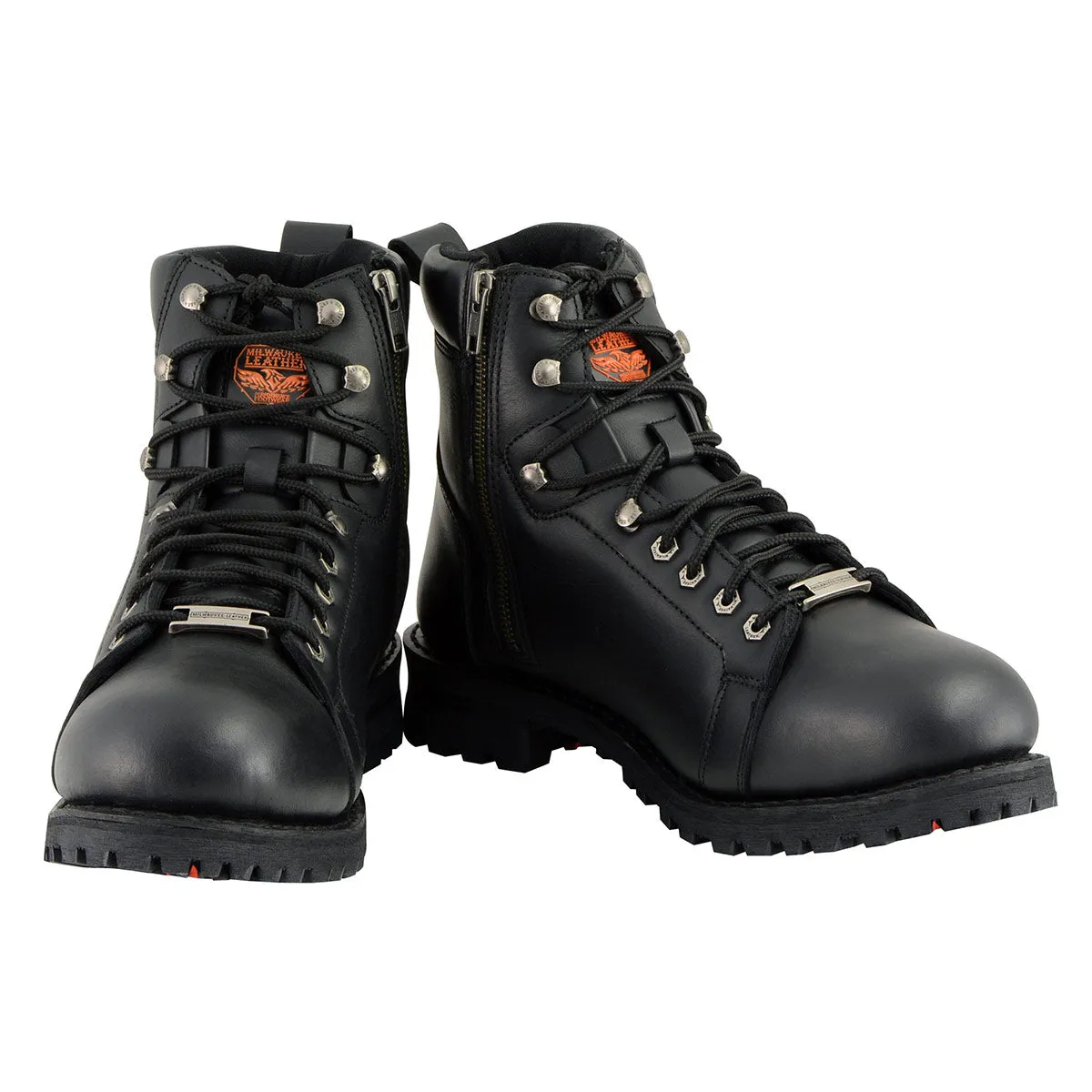 Milwaukee Leather MBM100W Men's Black Leather Wide-Width Lace-Up Motorcycle Boots with Side Zipper