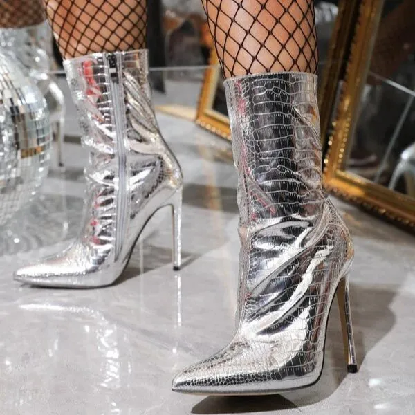 Mirror Metallic Thin Heel Ankle Boots