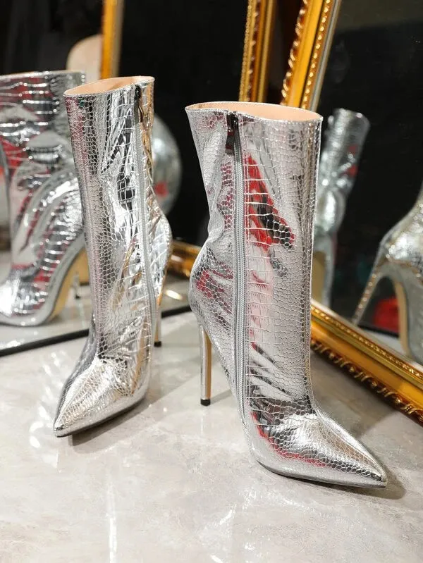 Mirror Metallic Thin Heel Ankle Boots