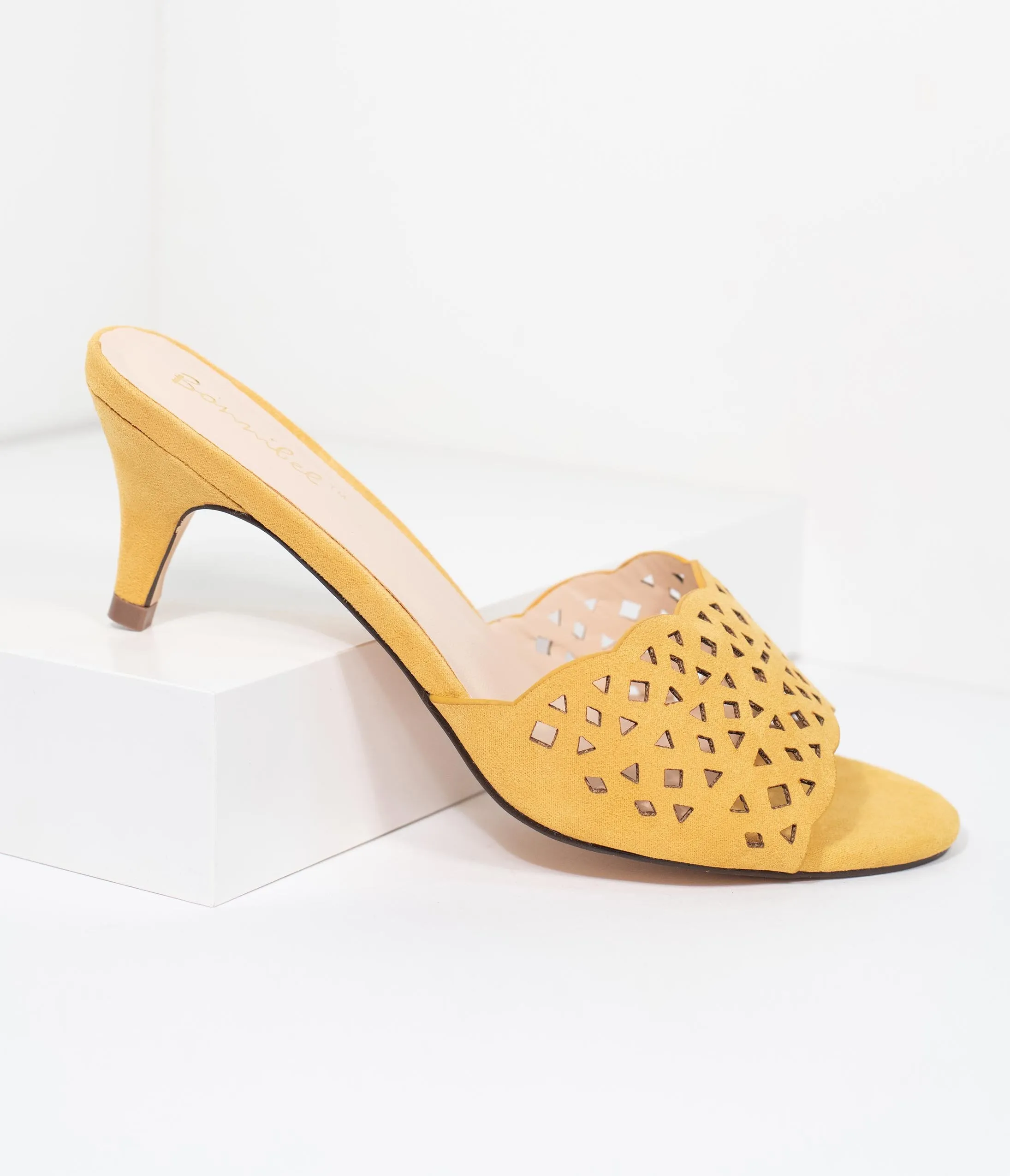 Mustard Yellow Suede Cutout Peep Toe Mule Heels