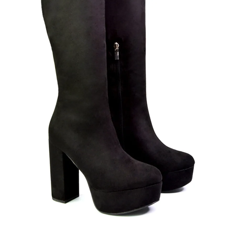 Nash Platform Knee High Boots With Chunky Block High Heel In White Synethetic Leather