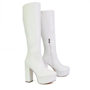 Nash Platform Knee High Boots With Chunky Block High Heel In White Synethetic Leather