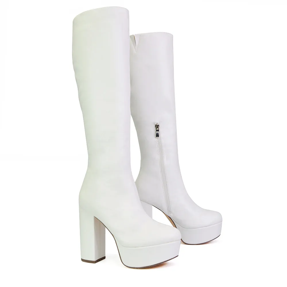 Nash Platform Knee High Boots With Chunky Block High Heel In White Synethetic Leather