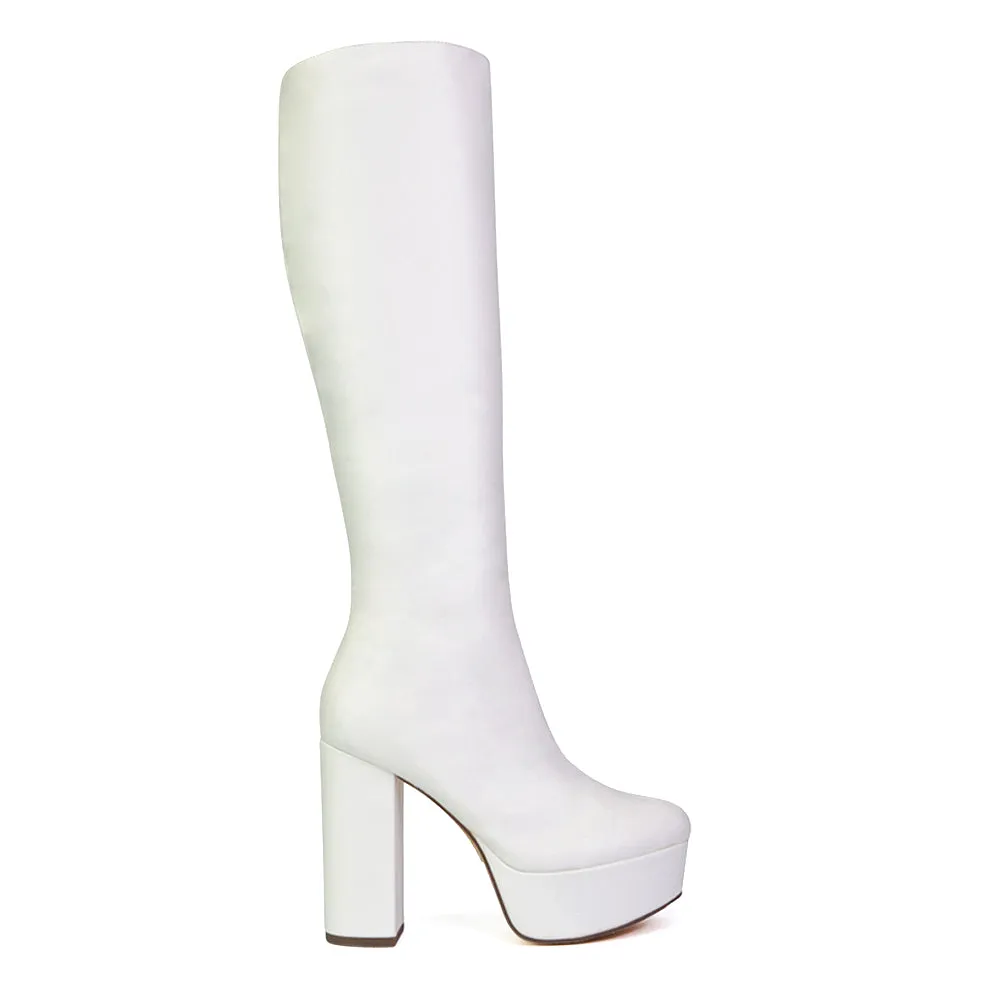 Nash Platform Knee High Boots With Chunky Block High Heel In White Synethetic Leather