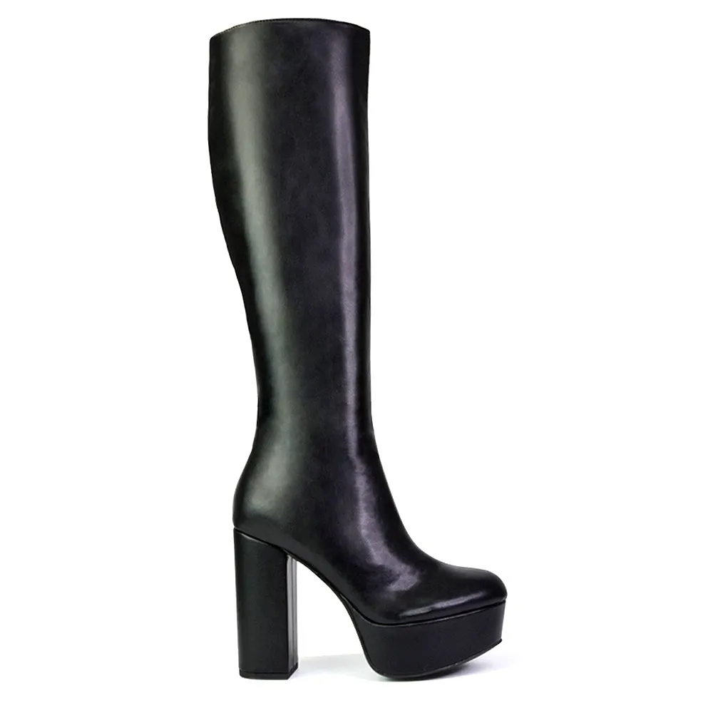 Nash Platform Knee High Boots With Chunky Block High Heel In White Synethetic Leather