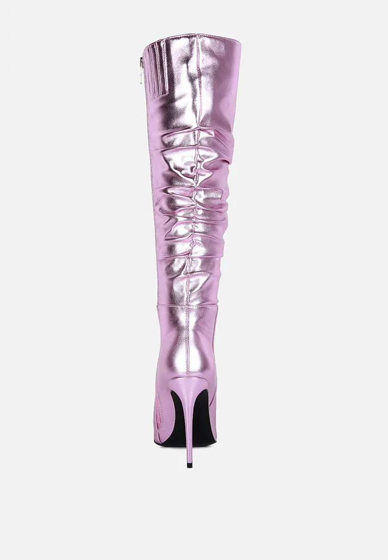 NEW-EXPRESSION Pink Metallic Ruched Stiletto Knee Boots