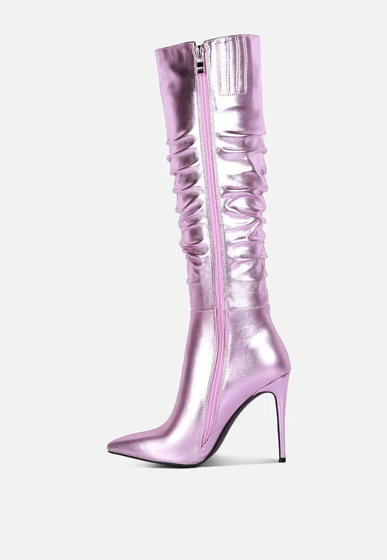 NEW-EXPRESSION Pink Metallic Ruched Stiletto Knee Boots