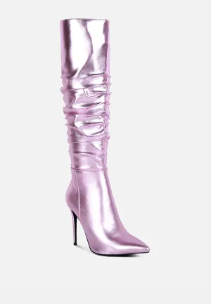 NEW-EXPRESSION Pink Metallic Ruched Stiletto Knee Boots