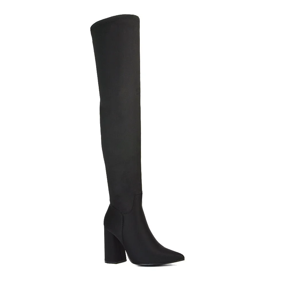 Noah Block Heel Pointed Toe Over The Knee High Boots in Black Lycra