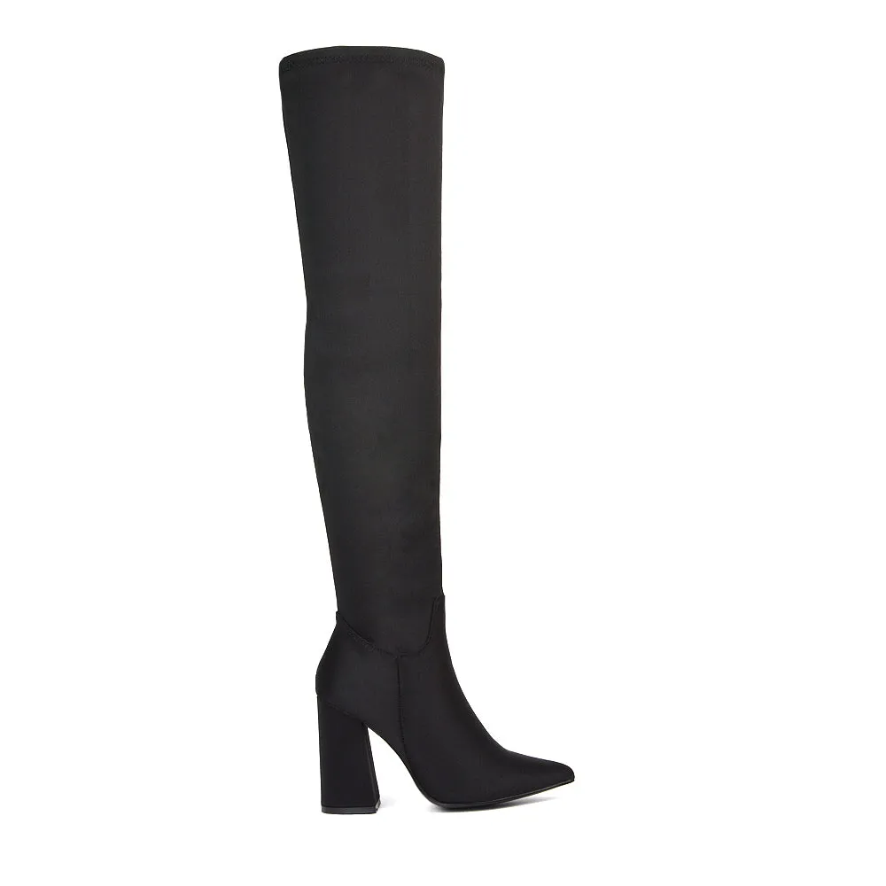 Noah Block Heel Pointed Toe Over The Knee High Boots in Black Lycra