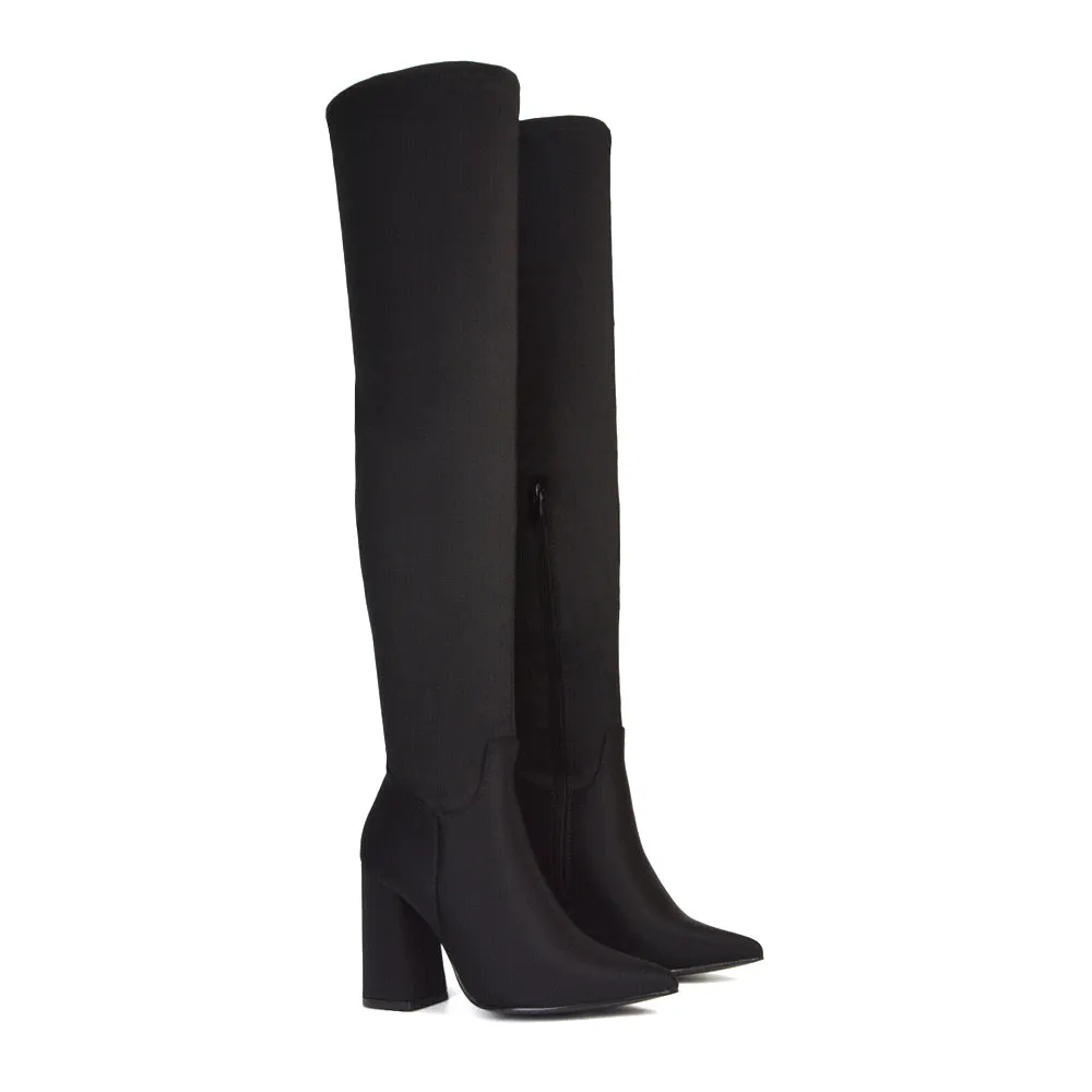 Noah Block Heel Pointed Toe Over The Knee High Boots in Black Lycra