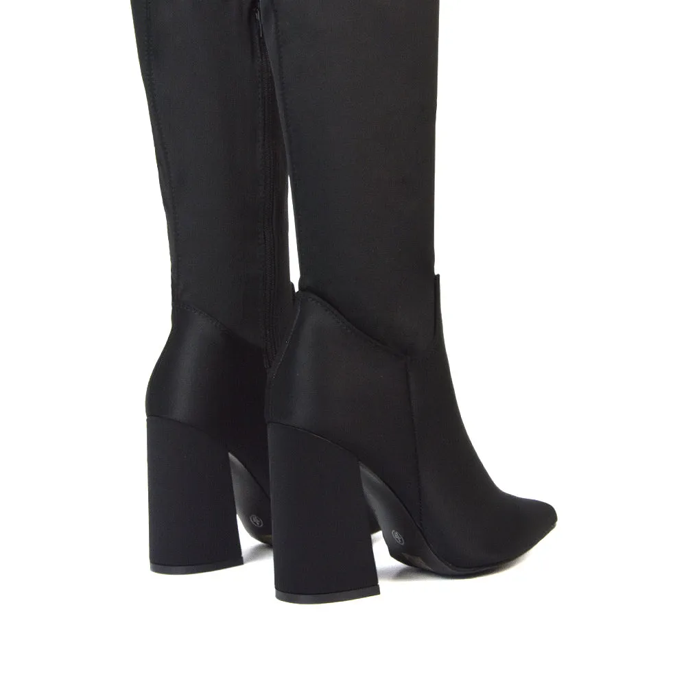 Noah Block Heel Pointed Toe Over The Knee High Boots in Black Lycra