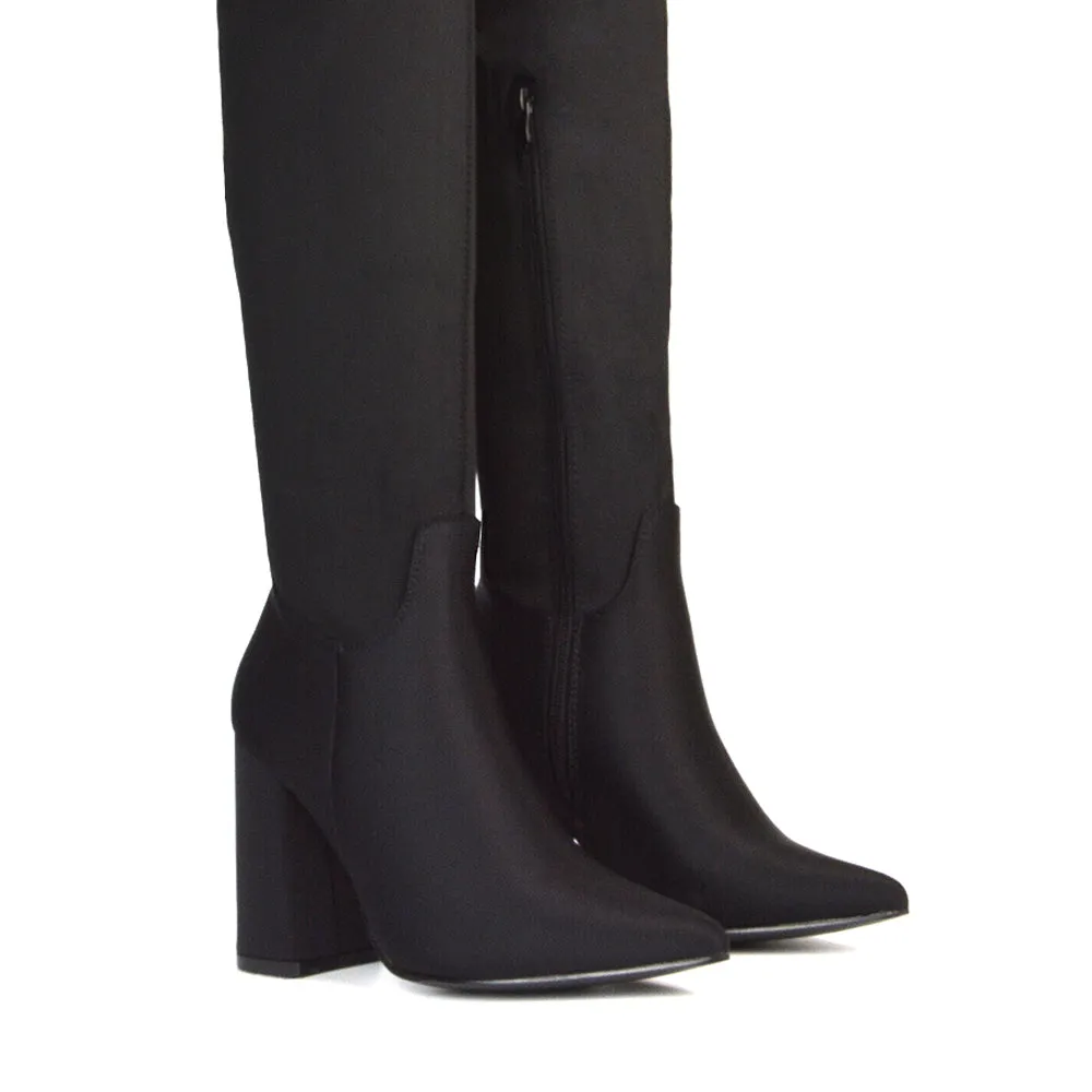 Noah Block Heel Pointed Toe Over The Knee High Boots in Black Lycra