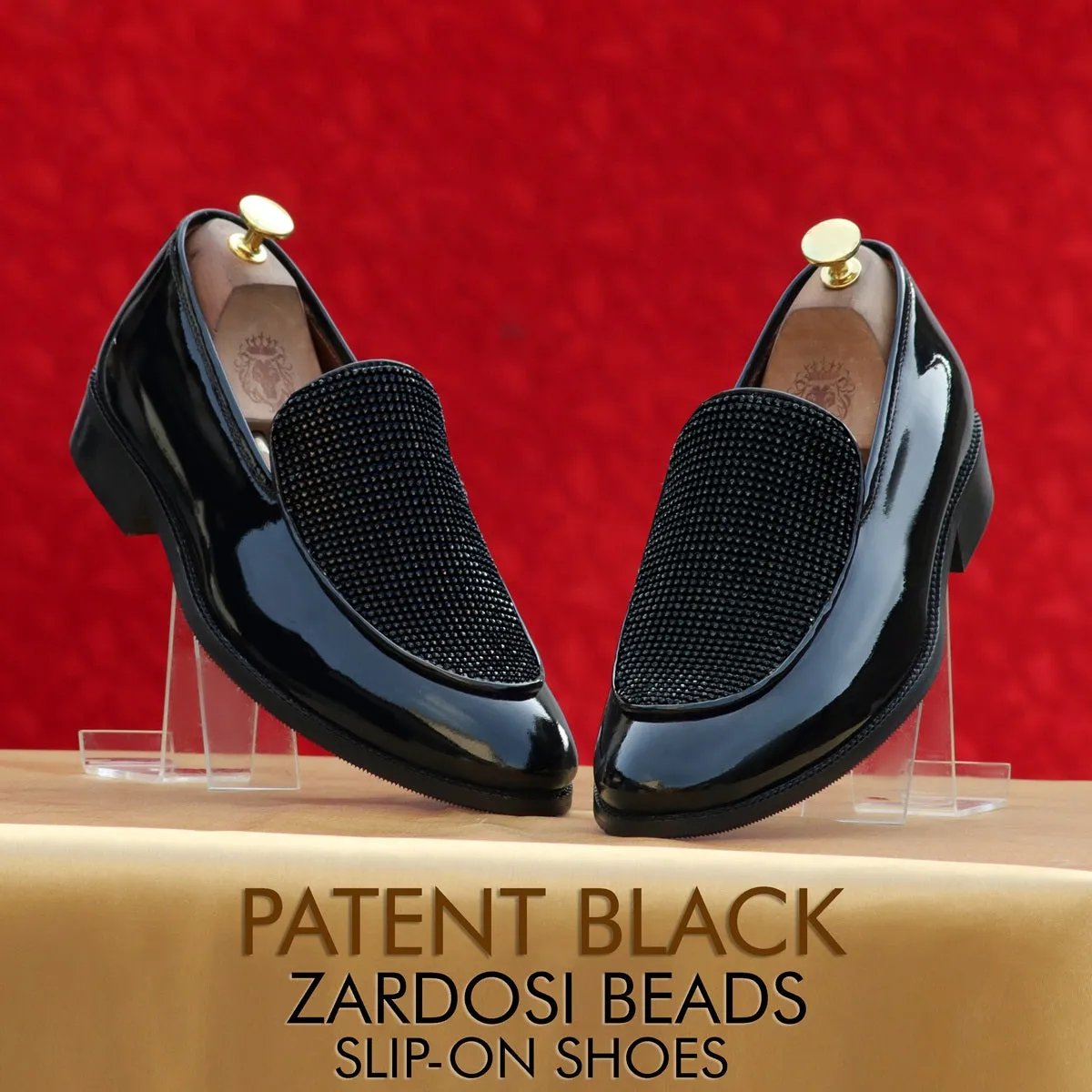 Patent Black Slip-On Shoe with Flashy Rhinestone Zardosi Beads Leather Loafers