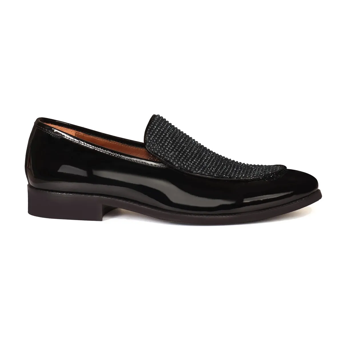 Patent Black Slip-On Shoe with Flashy Rhinestone Zardosi Beads Leather Loafers